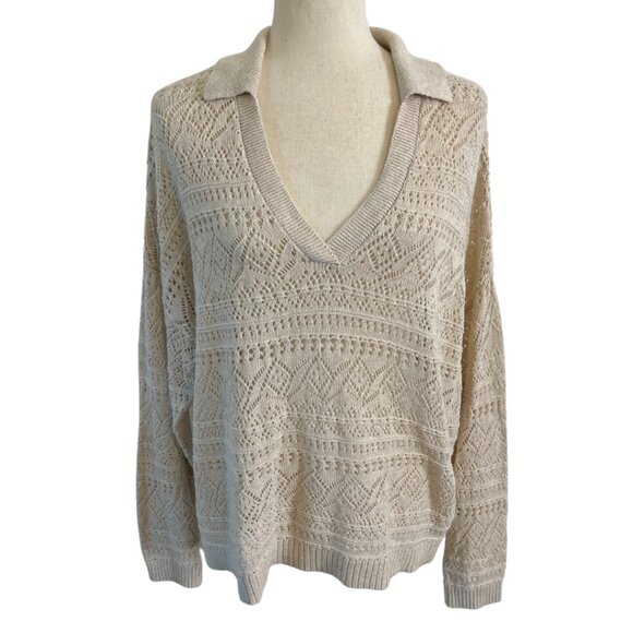 LOFT Off White Ivory V-Neck Collared Sweater Size Large Cotton Relaxed Fit - Picture 4 of 8